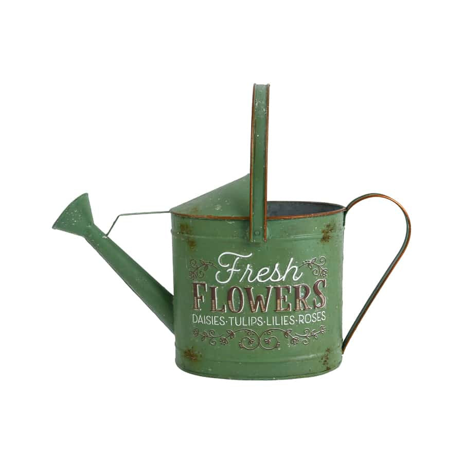 Rustic Fresh Flowers Watering Can - Distressed Green