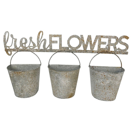 Three Bucket 'Fresh Flowers' Wall Planter 51x9x26cm