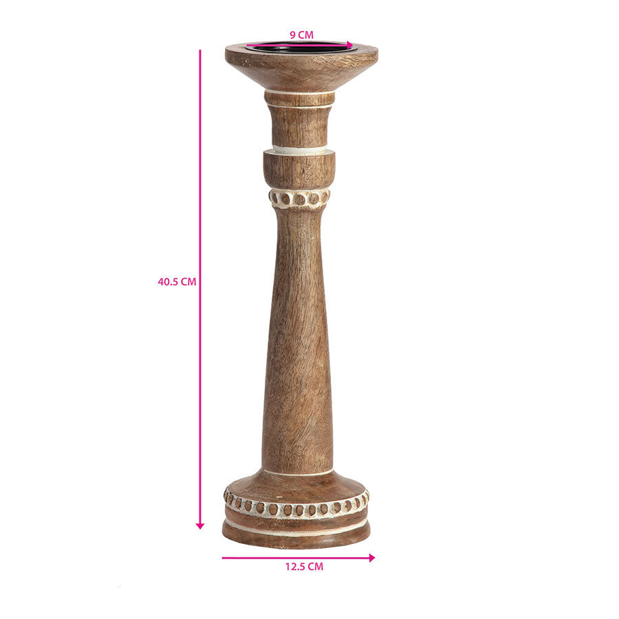 40cm Handcrafted Carved Mango Wood Pillar Candleholder 40x12.5cm