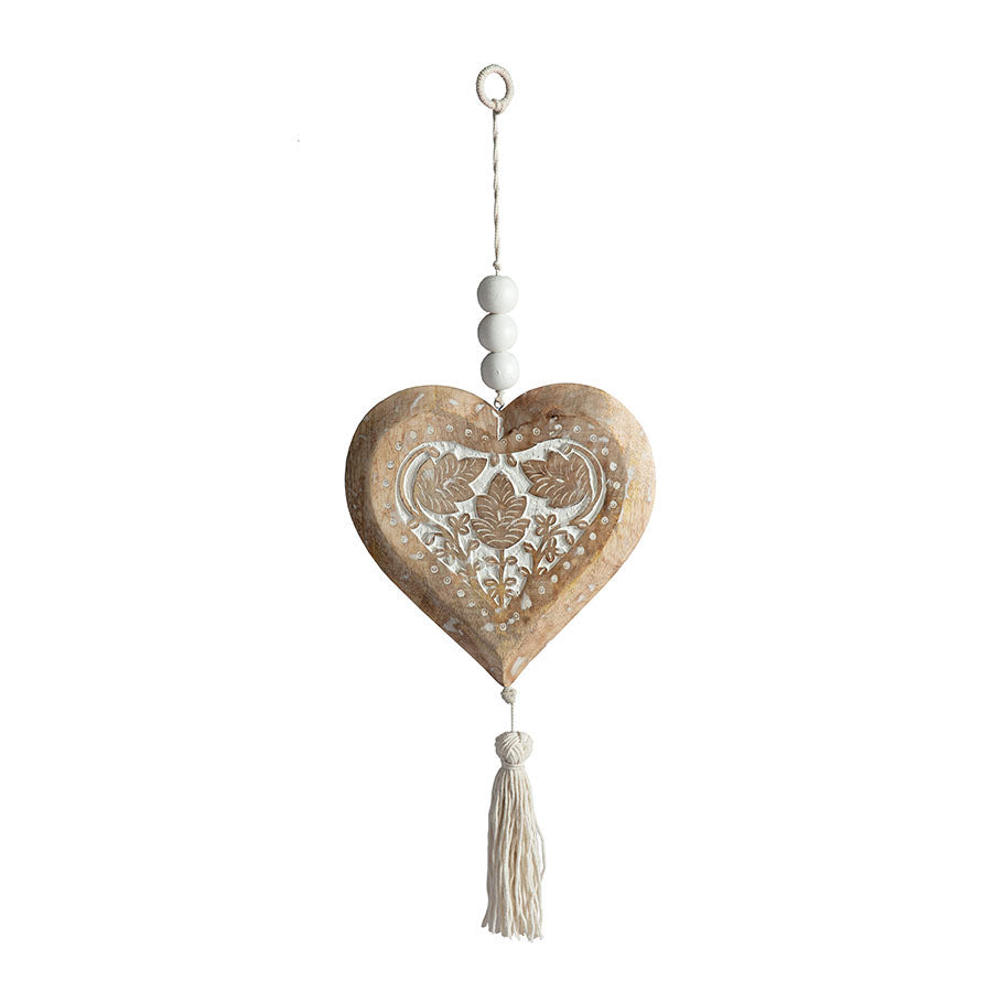 Handcrafted  Mango Wood Heart w/Beads & Tassle 26x3x73cm