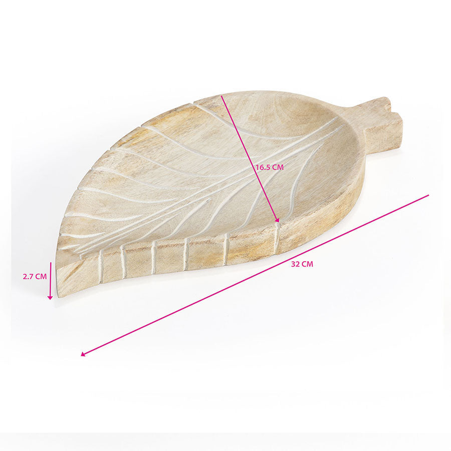 Hand-Carved Mango Wood Leaf-Shape Tray 30x17.5x2.5cm