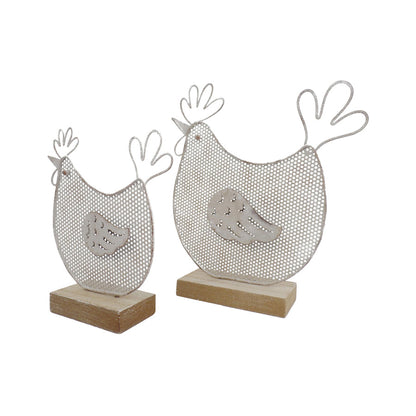 Set/2 Mum & Child Wire Chooks on Wood Base 19x4.5x16/14.5x4x11.5cm