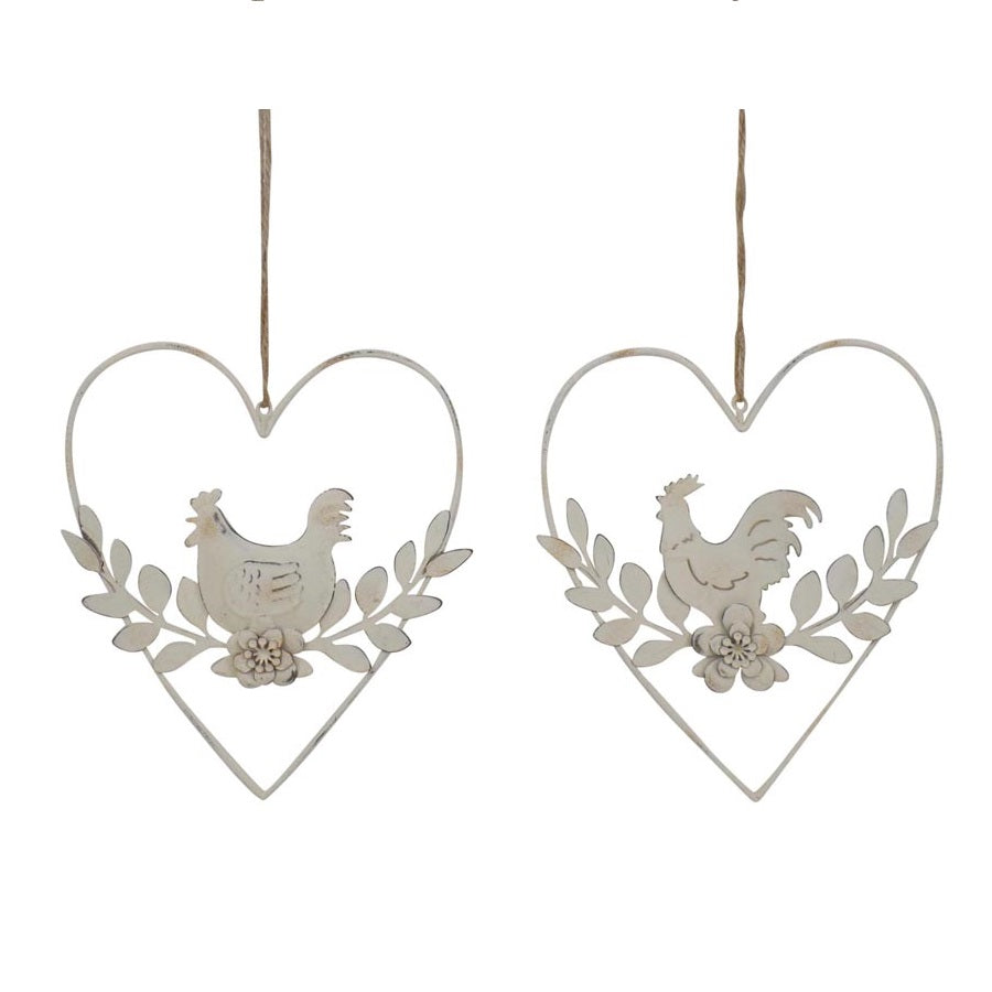 Set/2 Hanging Hearts w/Rooster & Chook 15.5x0.8x17.5cm