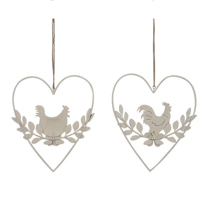 Set/2 Hanging Hearts w/Rooster & Chook 15.5x0.8x17.5cm