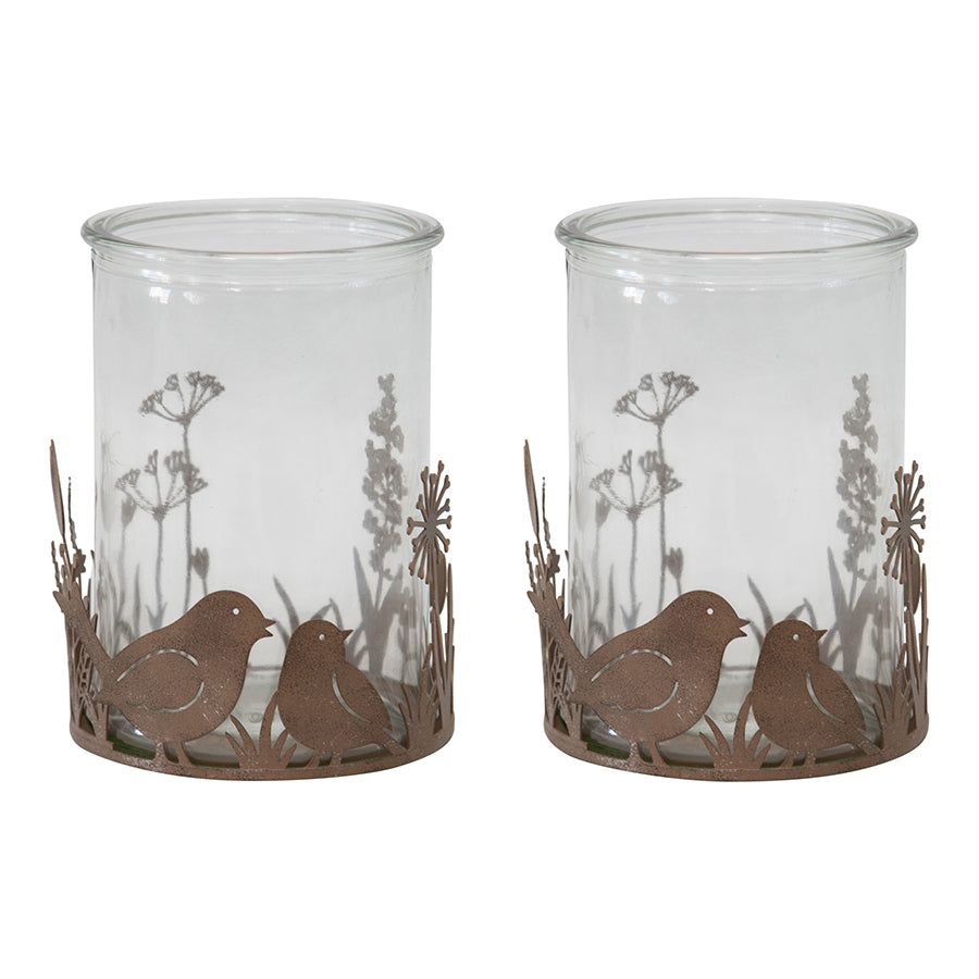 Set/2 Glass Candleholders in Low Rust Base w/Birds 10.5x9cm