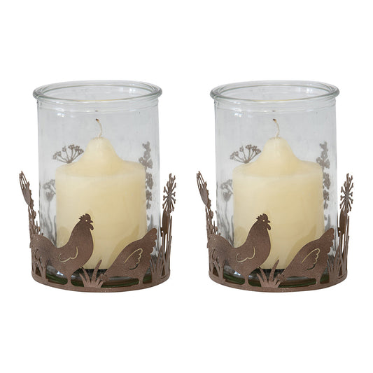 Set/2 Glass Candleholders in Low Rust Base w/Chooks 10.5x9cm