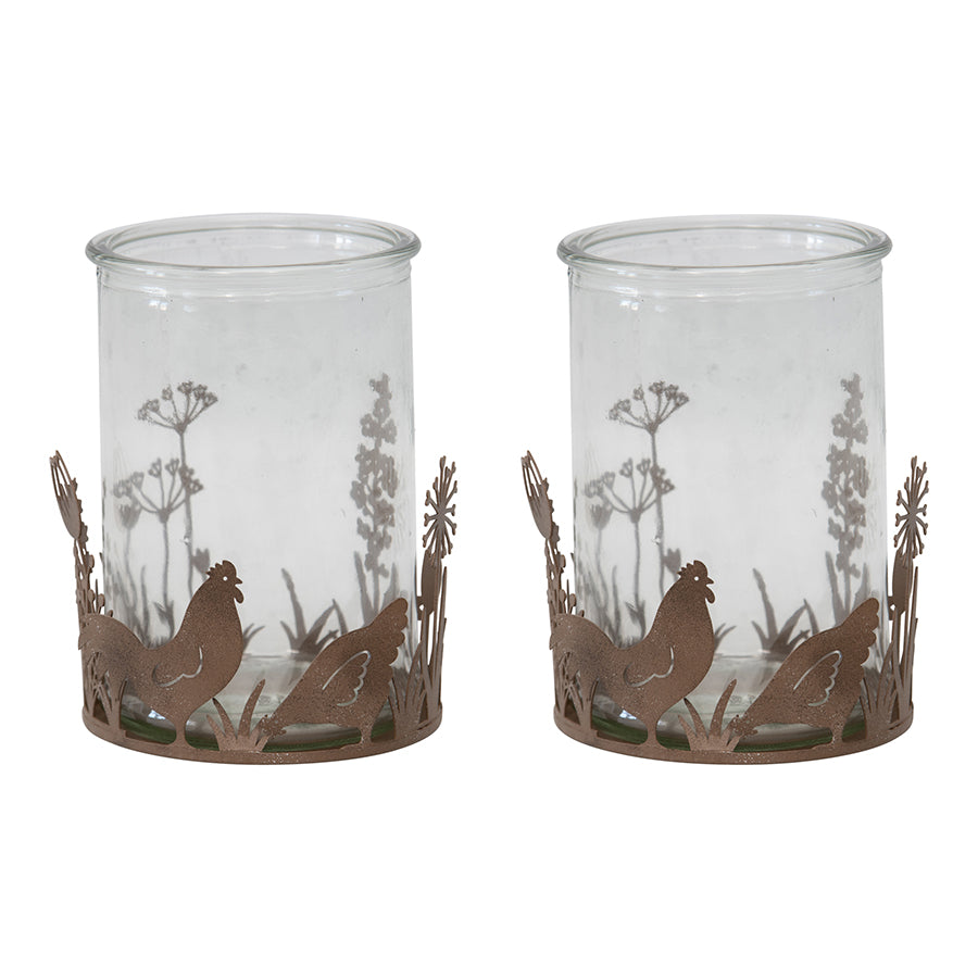 Set/2 Glass Candleholders in Low Rust Base w/Chooks 10.5x9cm