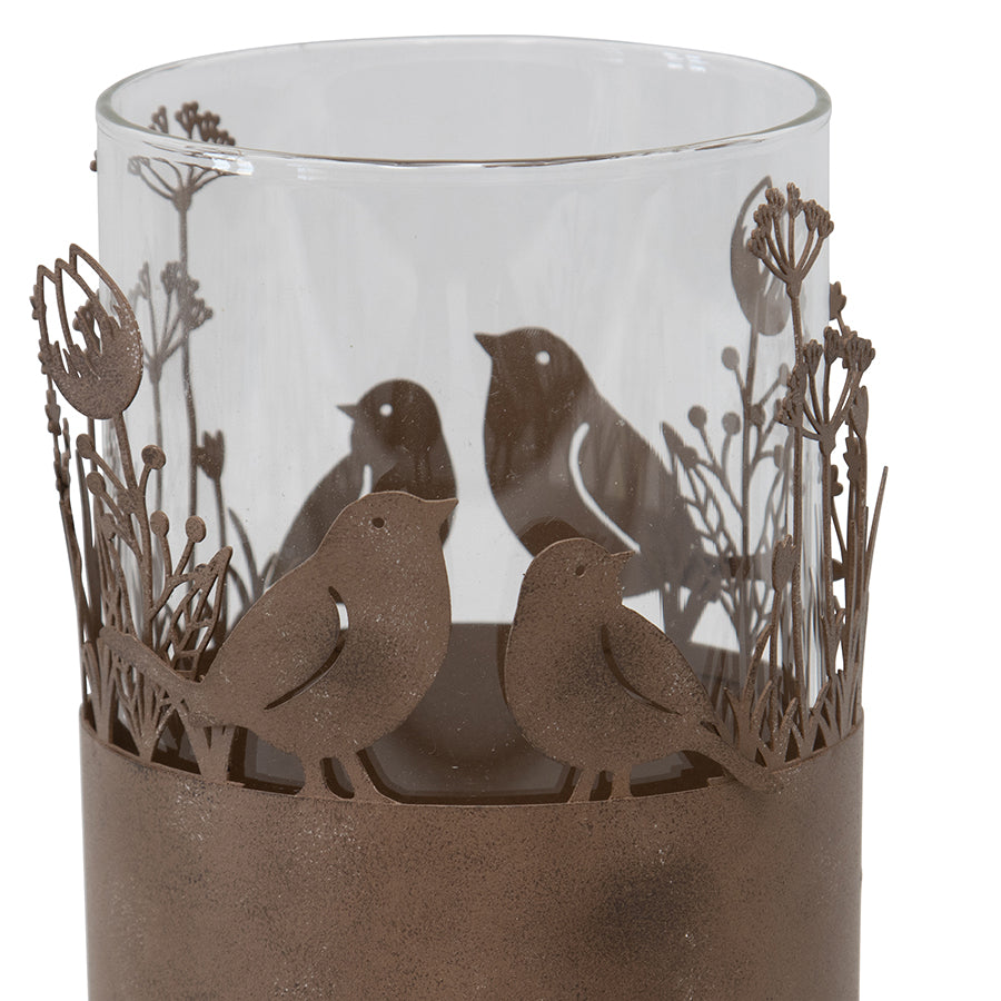 Set/2 Glass Pillar Candleholders in Stilted Rust Base w/Birds 11.5x17cm