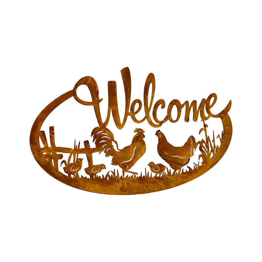 Laser-cut Welcome w/Chicken Family Wall Art 60.5x0.6x37.5cm