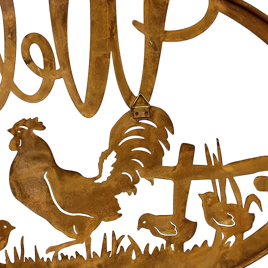 Laser-cut Welcome w/Chicken Family Wall Art 60.5x0.6x37.5cm