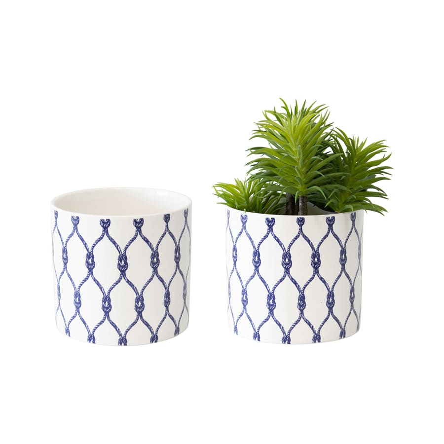 Set/2 Hampton White & Blue Knot Planters w/Hole & Plug 13x12cm