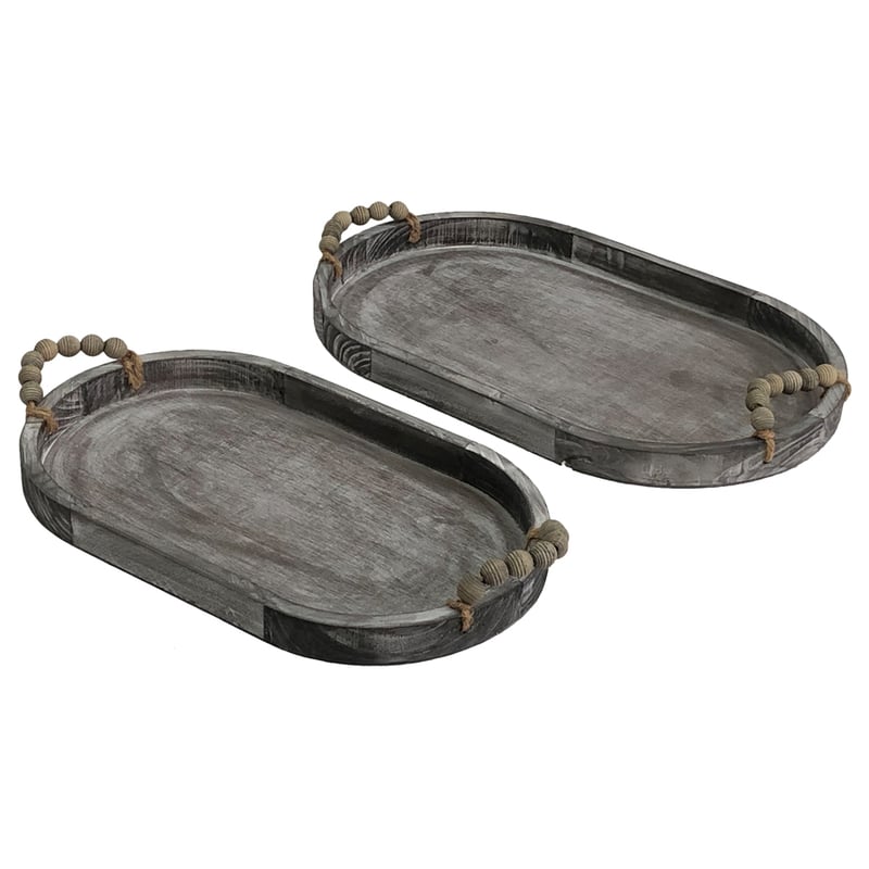 Set/2 Nested  Rustic Oval Trays w/ Handles 46.5x28.5x5/41.5x24x5cm